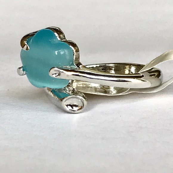 Vintage Aqua Blue Cats Eye Stone Flower Ring Size 7 Wrap Retro Silver Plated - Picture 8 of 11